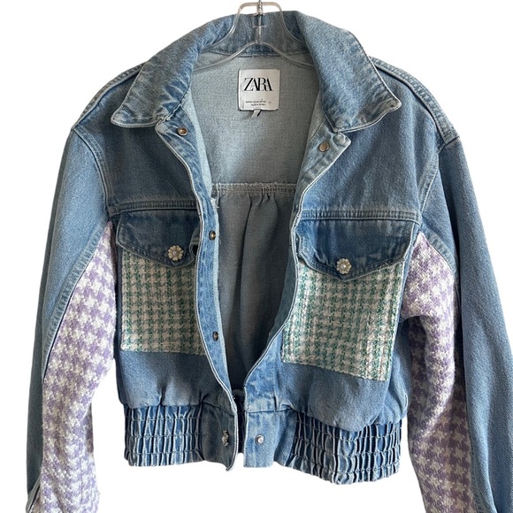 Zara Light Denim Jean Jacket Plaid Patchwork Flower Snaps XS - Picture 9 of 15